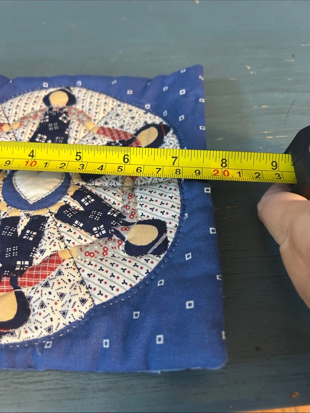 Handcrafted Blue Quilted Pot Holder with Heart Medallion | Farmhouse/Country 8x8